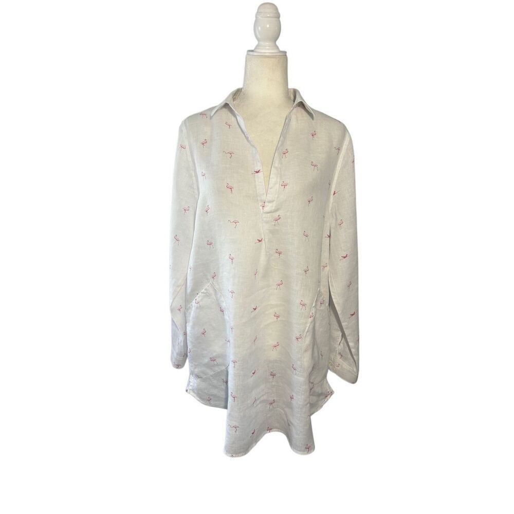 FORCYNTHIA Swimwear long sleeve white linen button up tunic coverup with flaming